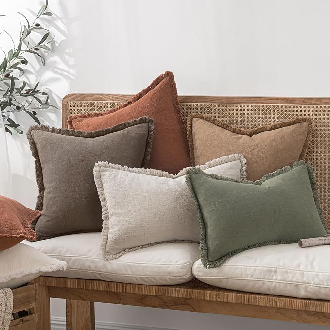 MIULEE Boho Linen Fringe Decorative Fall Throw Pillow Covers Coffee 20x20 | Set of 2, Cottagecore Decor, Boho Farmhouse Neutral Pillow Covers, Rustic Fall Couch Cushion Cases for Sofa Bed Living Room