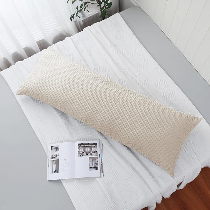 100% Egyptian Cotton 600 TC Waffle Weave Body Pillowcase with Zipper | 1 Pack Ultra Soft Breathable Pillow Cover, Skin-Friendly Bed Pillow Sham, Body Pillow Case Cover, Beige, 20" x 54"