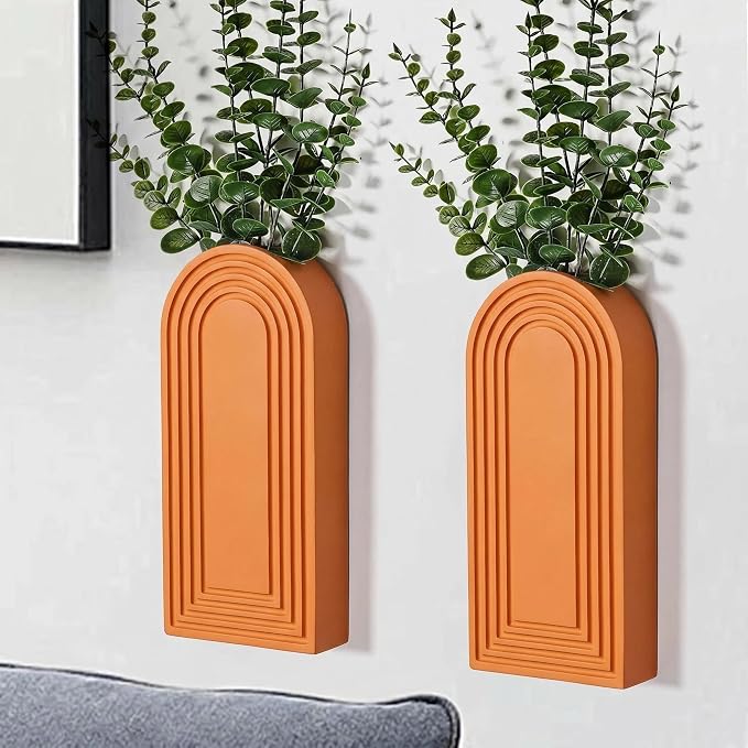 Dnnnii 2 Pack Wooden Wall Vase Set - Orange Finish Modern Farmhouse & Boho Wall Decor for Entryway, Hallway, Bathroom, Living Room, Dining Room, Narrow Spaces