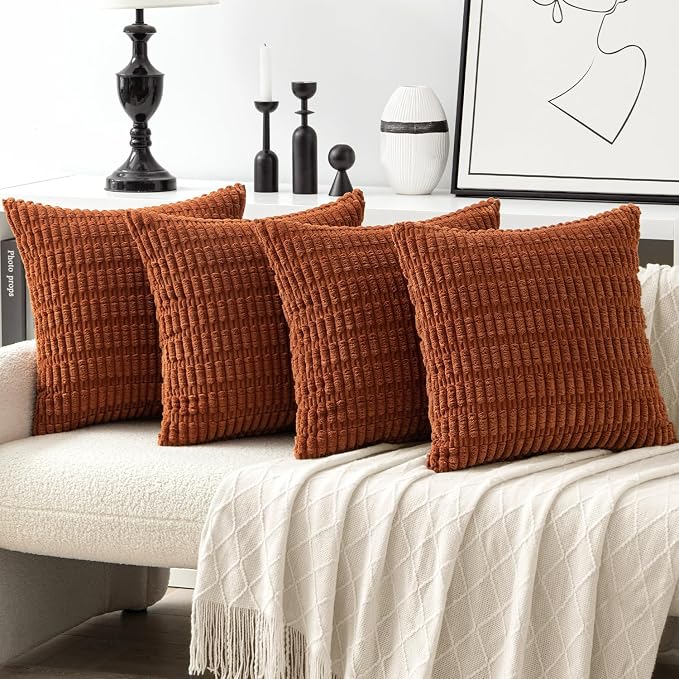 MIULEE Pack of 4 Fall Dark Rust Corduroy Decorative Throw Pillow Covers 18x18 Inch Soft Boho Striped Pillow Covers Modern Farmhouse Home Decor for Sofa Living Room Couch Bed | Neutral Rustic Farmhouse Boho Soft Striped Pillow Covers,Home Decor for Sofa...
