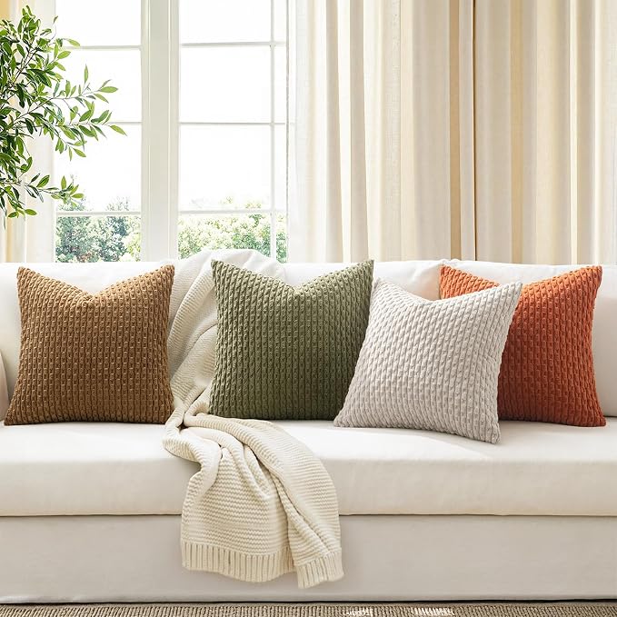 MIULEE Camel Green Decorative Throw Pillow Covers for Couch Living Room 18x18 Inch Soft Pillow Cases Set of 4 Boho Striped Corduroy Farmhouse Cushion Covers Home Decor for Sofa Bed