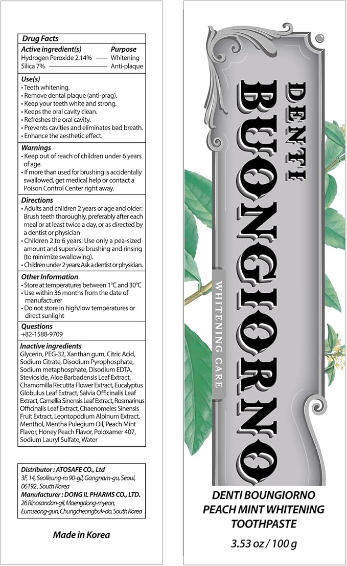 DENTI BUONGIORNO Peach Mint WHITENING Toothpaste (Peach Mint) – Fluoride Free, Advanced Hydrogen Peroxide for Coffee Stains & Yellow Teeth, Anti-Plaque & Enamel Safe, Paraben Free (3.52fl oz / 100g)