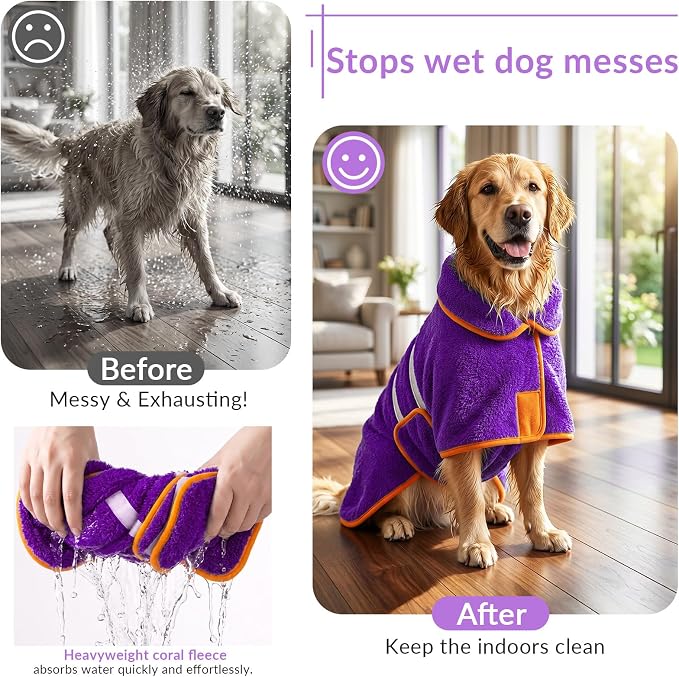 Bienbee Dog Bathrobe, Super Absorbent for Small to Large Dogs, Purple S | Dog Robes with Soft Fleece, Warm & Cozy, Adjustable Fit, and Quick Drying Coat for Baths Swimming and Grooming