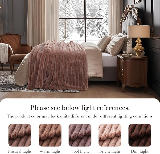 Faux Fur Throw Blanket for Couch, Ultra Cozy Fuzzy Fluffy Fur Luxurious Soft Striped Plush Gift Blankets for Family Sofa Chair Bedroom, 55"x70", Cationic Fox Pink Brown