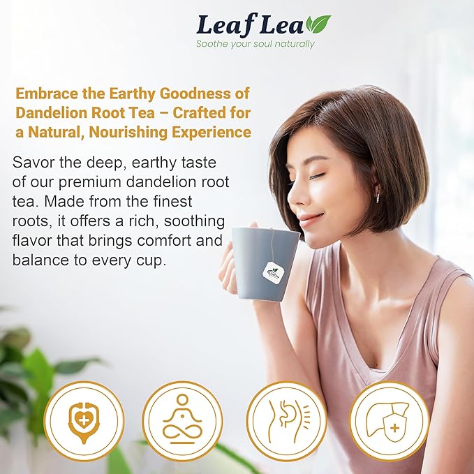 LeafLea Dandelion Root Tea Bags, 240 Count, Natural Dandelion Herbal Tea Blend, Natural Dried Dandelion Root, Caffeine-Free, Sugar-Free, Vegan, Sealed for Fresh Flavor, Pack of 6