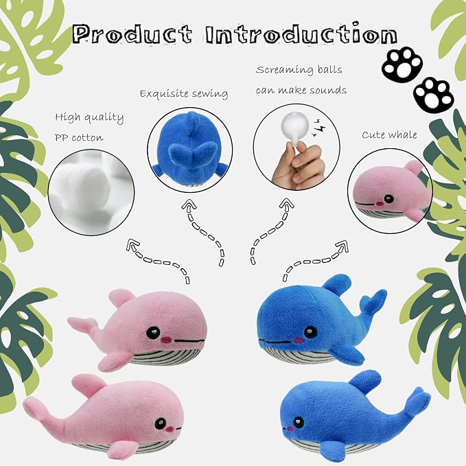 Dog Hide and Seek Toys Puppy Chew Squeaky Toys Plush Mushroom&Bamboo&Shell Hideout Stuffing with Squeakers Animals (3Pcs Squeaky Whale Pink)