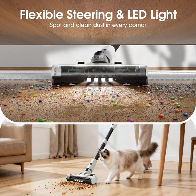 Cordless Vacuum Cleaner, Upgraded 650W 55KPa 70Mins Runtime Stick Vacuum Cordless, Self-Standing Lightweight Vacuum Cleaners for Home with LED Headlight Touch Screen, for Pet Hair/Carpet/Floor