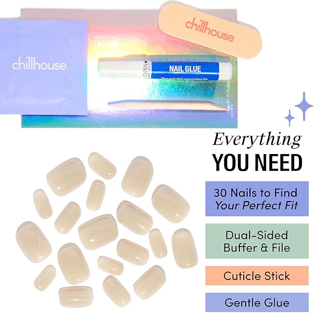 Chillhouse Chill Tips Signatures Press On Nails Kit, Corporate Baddie - 30 Nail Shapes & Sizes, Dual-Sided Buffer & File, Cuticle Stick & Glue - Long-Lasting Nail Art Manicures