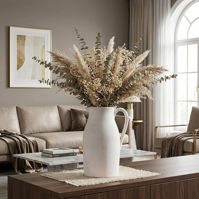 Ceramic Flower Vase with Handles,11" Neutral Tall Clay Beige Terracotta Vases Farmhouse Table Vases with Handle Living Room Decor Rustic Pottery Pots for Home Shelf Coffee Dining Desk Fireplace