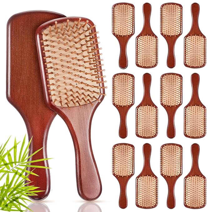 Tessco for you 12 Pcs Bamboo Hair Brushes Bulk Wooden Paddle Brush Scalp Massage Bristle Anti Static Engraving DIY Gifts for Women, Party, Wedding(9.65'' X 3.35'',Deep Brown-natural)