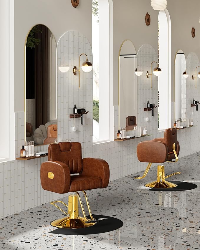 Baasha Ergonomic Brown and Gold Salon Chair with Comfortable Thickened Cushions, Heavy Duty Reclining Stylist Chair for Hair braiding, Extensions, Tattooing, Weight Capacity 440 lbs