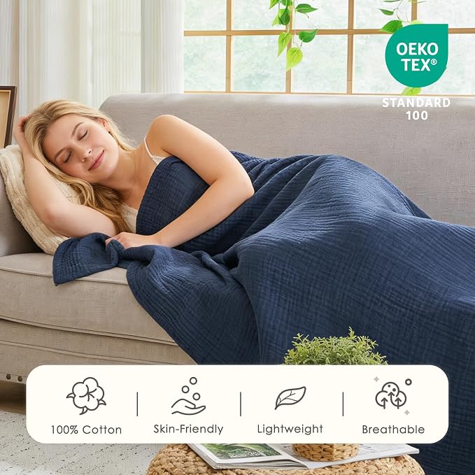 EMME Muslin Blankets for Adults Throw Blanket for Couch Breathable Gauze Soft Lightweight Airy Navy Super King 120" x 94"