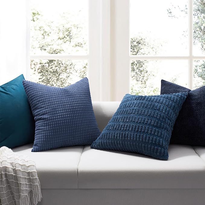 Softalker Corduroy Decorative Throw Pillow Covers 20x20, 2 Pack, Navy Blue | Soft Boho Striped Pillow Cases, Couch Fluffy Cushion Covers for Farmhouse Home Decor Bed Living Room