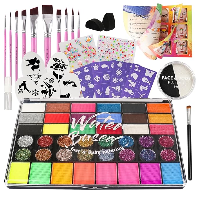 PINTADA 42 Color Face Painting Kit for Kids + 30g Black & White - Non Toxic Water Activated Face paint palette with Stencils, Brushes, Gems - For Halloween Makeup, Carnival, Parties & Cosplay
