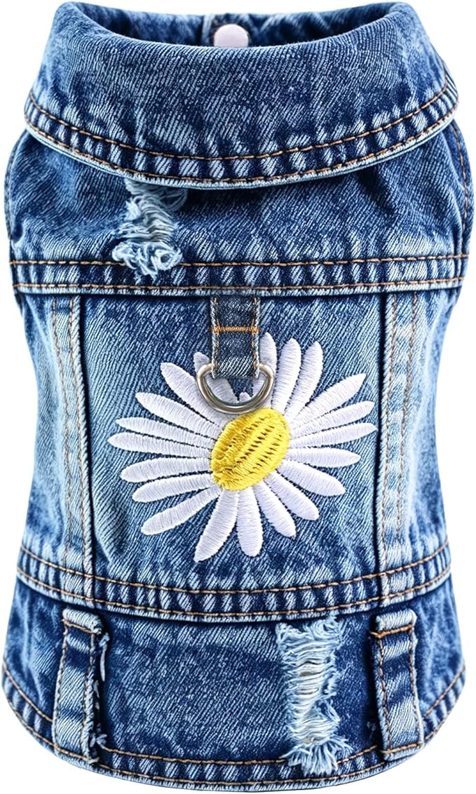 Dog Jean Jacket,Blue Denim Vest for Small Pet,Cute Clothes with D-Ring | Soft Washed Cotton Denim Costume,Cool Apparel Dress Shirt for Puppy,Classic Daisy Coat Outfit for Small Dogs Cats Boy Girl