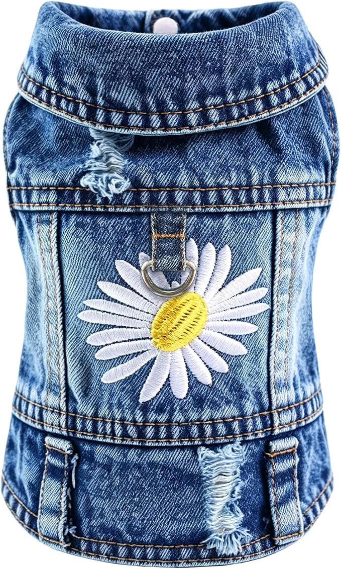 Dog Jean Jacket,Blue Denim Vest for Small Pet,Cute Clothes with D-Ring | Soft Washed Cotton Denim Costume,Cool Apparel Dress Shirt for Puppy,Classic Coat Outfit for Small Dogs Cats Boy Girl