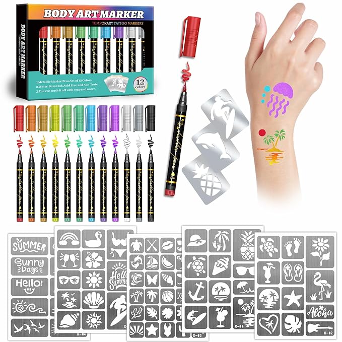 Temporary Tattoo Markers for Kids and Adults, 12 Metallic Markers and 150 Tattoo Stencil Designs, Cosmetic Tattoos Pens for Party Favor Gift and Face Painting
