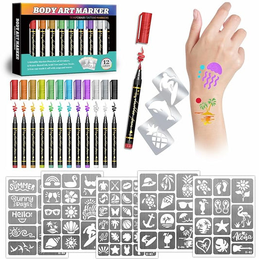 Temporary Tattoo Markers for Kids and Adults, 12 Metallic Markers and 150 Tattoo Stencil Designs, Cosmetic Tattoos Pens for Party Favor Gift and Face Painting