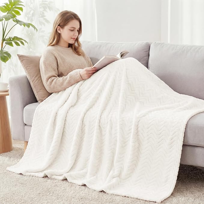 Exclusivo Mezcla Soft Fleece Blanket Twin Size for Bed, Sofa, Ivory | 90"x66" Breathable Lightweight Flannel Blanket for Summer, Plush Cozy Jacquard Wave for Home Decor