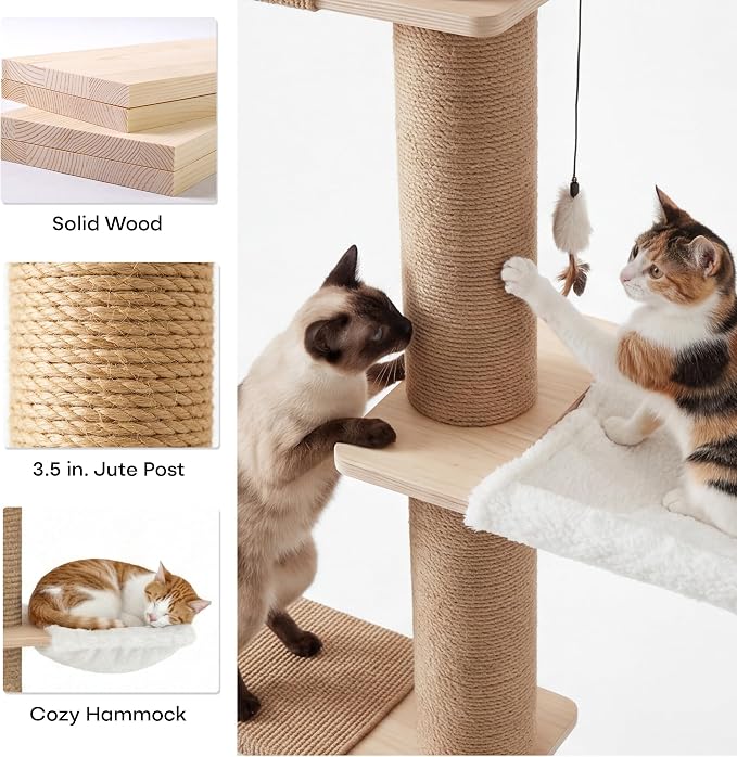 Tall Cat Tree, 5 Tier Floor Cats Tower, Wall-Mounted Kitten Sisal Scratching Post, with Cozy Hammock, Suitable for Climb, Scratch, Lookout and Play (Wall-Mounted)