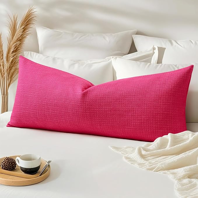 OTOSTAR Linen Throw Pillow Cover Set of 1 Decorative Long Lumbar Pillowcase Rectangle Cushion Cover 14x36 Inch for Home Decor Sofa Bedroom Car 35 x 90CM Hot Pink
