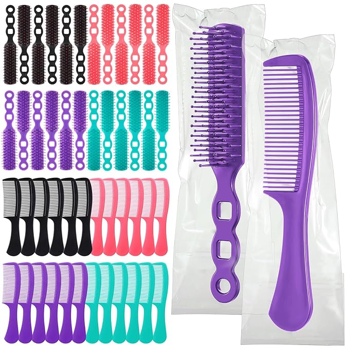 SiliFine 96 Pcs Bulk Hair Brush Combs for Homeless Individually Wrapped Hair Brush and Comb Set for Women Hotel Nursing Charity Travel(Multicolor)