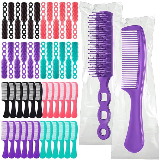 SiliFine 96 Pcs Bulk Hair Brush Combs for Homeless Individually Wrapped Hair Brush and Comb Set for Women Hotel Nursing Charity Travel(Multicolor)