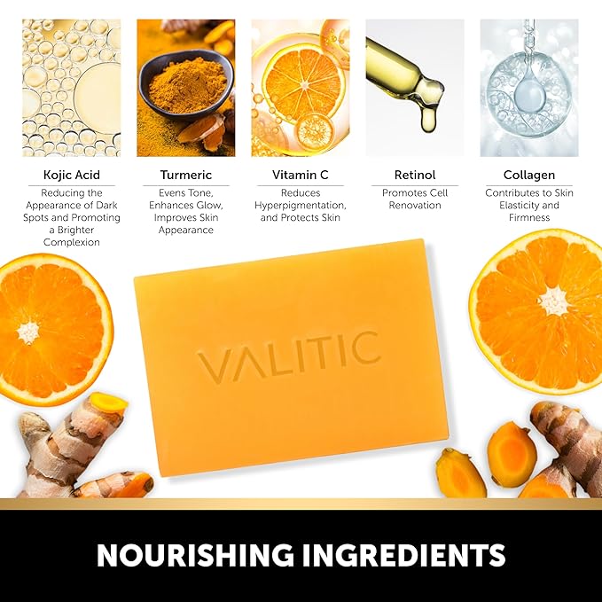 VALITIC 2 Pack Kojic Acid Vitamin C & Retinol Soap Bars for Dark Spot Bundle with 2 Black Exfoliating Gloves for Body Scrubs