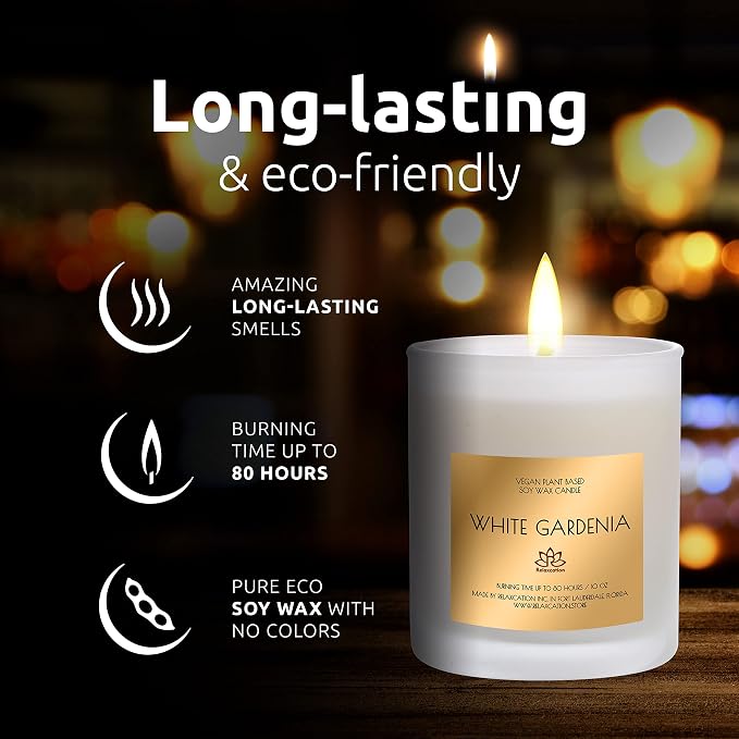 Natural Soy Wax Candle in Glass Jar | Luxury White Gardenia Scented Soy Candles with Embeds | Delicate and Floral Aroma| Long Burning 80 Hours Aromatherapy | Giftable Box | 10oz
