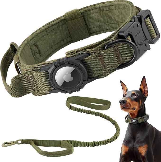 Tactical AirTag Dog Collar Leash Set - Heavy Duty, Adjustable GPS Collar