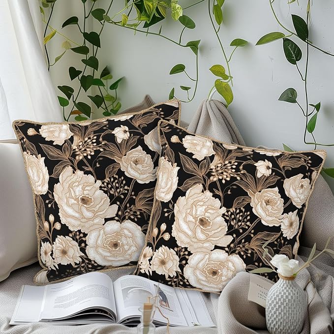Vintage Peonies Roses Flower Velvet Pillow Covers 18x18 Inch Gold White Aesthetic Floral Leaves Throw Pillows For Couch Cushion Covers Pillowcase Farmhouse Pillow Cases for Sofa Bed Living Room