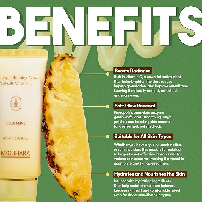 MIGUHARA Pineapple Refining Glow Peel-Off Mask Pack, Facial Mask with Pineapple Extract & Jojoba Seed Oil for Hydrated, Glowing Look and Korean Glass Skin – Smooth, Radiant Skin (60ml/2.02 fl.oz.)