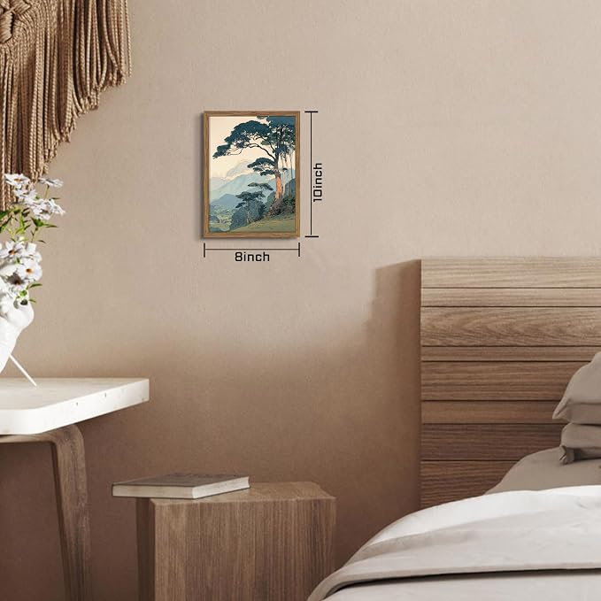 Vintage Japanese Forest Framed Canvas Wall Art – Tranquil Mountain Landscape Painting Print, Retro Nature Tree Scene Decor for Living Room Bedroom Nursery Office Home 8x10 inch