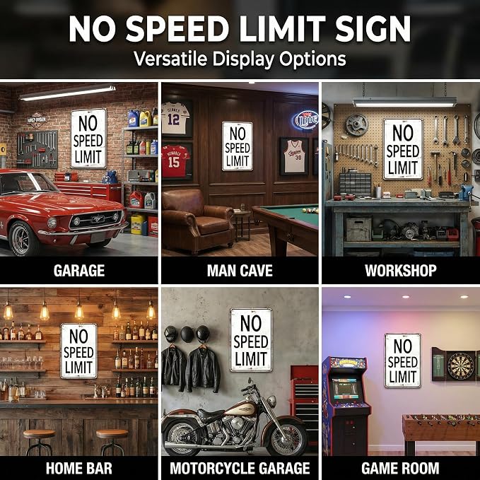 Crazysign Boys Gifts Retro Tin Sign No Speed Limit Sign for Boys Room Man Cave Garage Bedroom Vintage Style Wall Art Decor 8 x 12 Inch (3096)