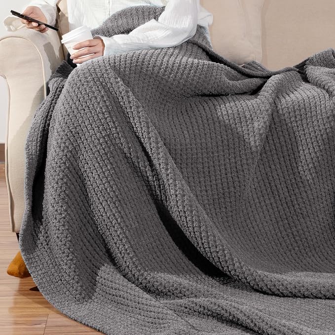 Waffle Knit Throw Blanket for Couch, Soft Cozy Chunky Knit Thick Knitted Blanket for Sofa, Bed, Gift for Women Girls Home Decor (Grey, Twin 60"x80")
