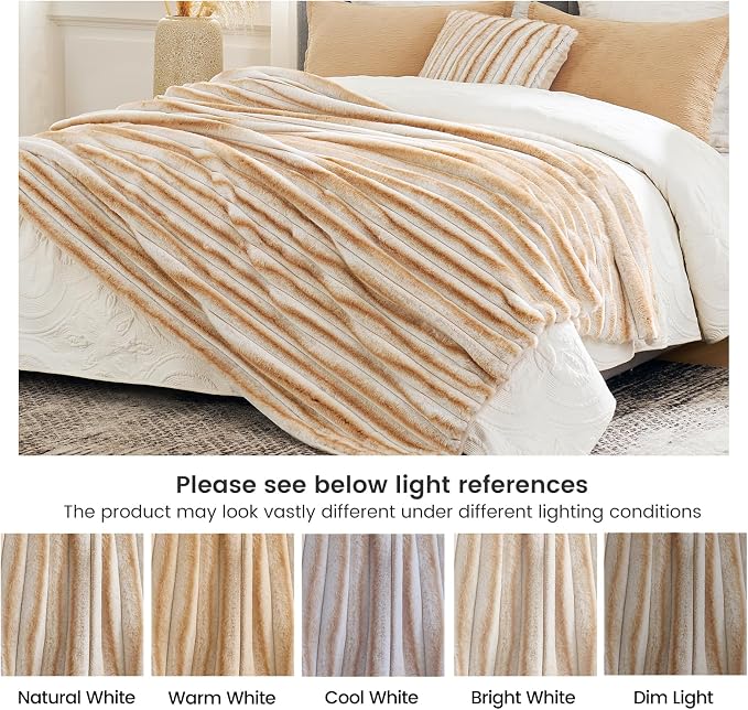 Cozy Bliss Faux Fur Throw Blanket for Couch, Cozy Warm Plush Striped Blanket for Sofa Bedroom Living Room,60 * 80 Inches Khaki