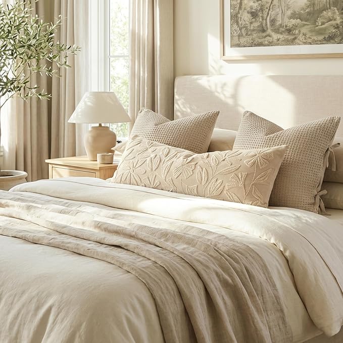 14x36 Lumbar Pillow Cover for Bed, Rectangular Decorative Long Throw Pillowcase, Embroidered Farmhouse Accent Cushion, Beige Neutral Floral Tufted (Cover Only)