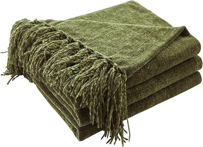CozeCube Chenille Throw Blanket, Olive Green Fringe Blanket, 50"X60" | For Couch, Cozy Plush Fuzzy Decorative Blanket with Fringe Tassels, Lightweight Throws for Bed Sofa Gift Home Decor