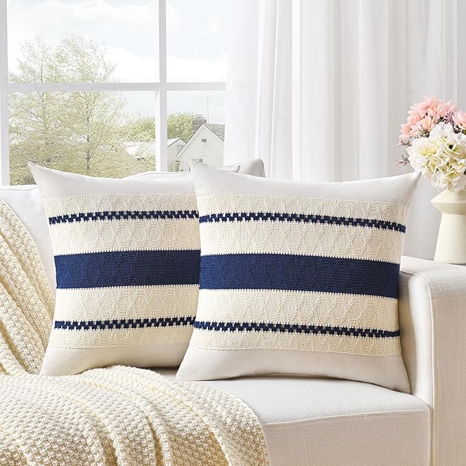 Fancy Homi Set of 2 Navy Blue Big Decorative Throw Pillow Covers 24x24 Inch for Couch Bed Sofa Living Room, Aesthetic Modern Organic Farmhouse Home Decor, Soft Cotton Woven Textured Cushion Case