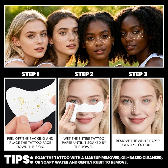 Cerlaza Glitter Freckles Face Tattoo, 16 Pcs Gold Speckles Makeup Patches, Waterproof Body Face Glitter for Women Girls, Country Concerts Singer Festival Rave Accessories