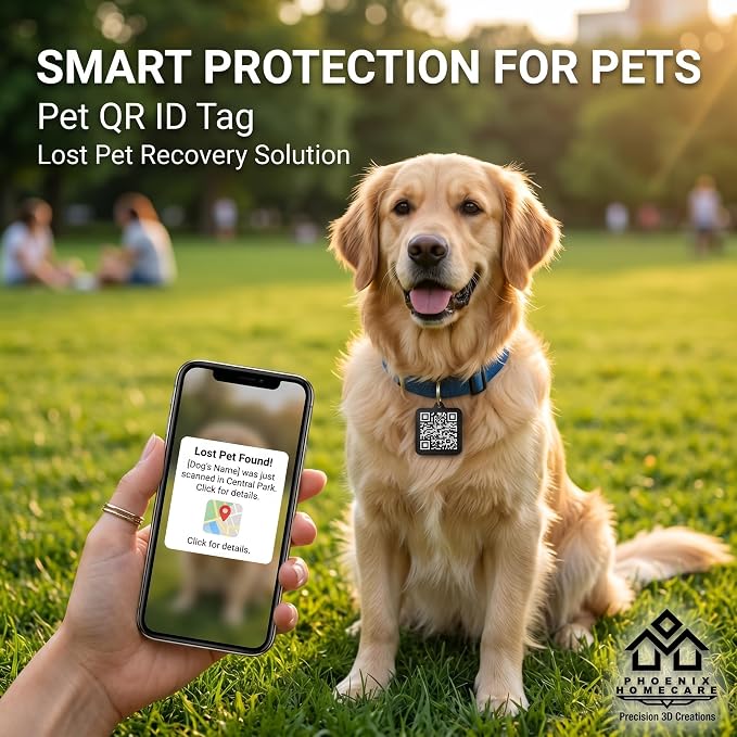 Phoenix Homecare Personalized QR Code Pet ID Tag for Dogs & Cats | Waterproof Smart Collar Tag | Custom Pet ID with Owner Contact, Emergency & Medical Information | No App Required
