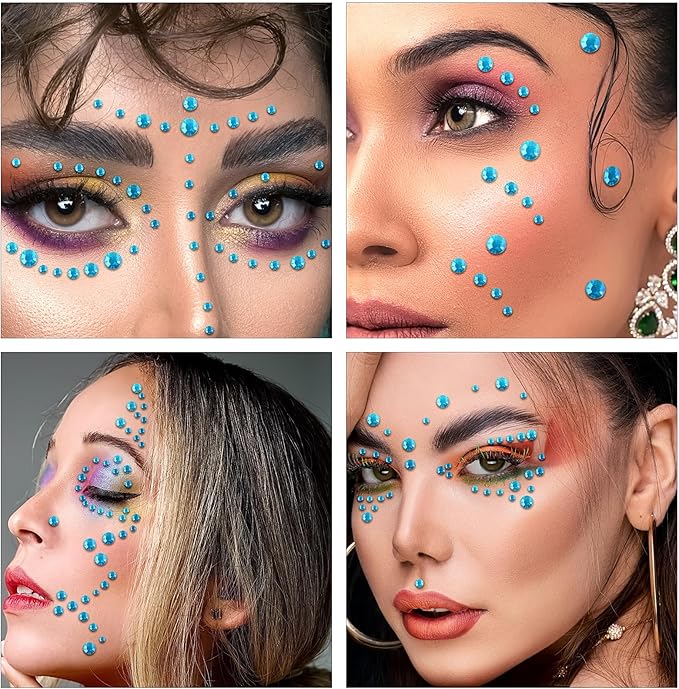 591pcs Face Gems Hair Gems Pearls, Self-Adhesive Face Jewels Eye Rhinestones 3/4/5/6/8 mm Face Gem Stick on, Halloween Makeup Gems Rave Accessories for Face Eyes Body Makeup (19.Aqua Blue)