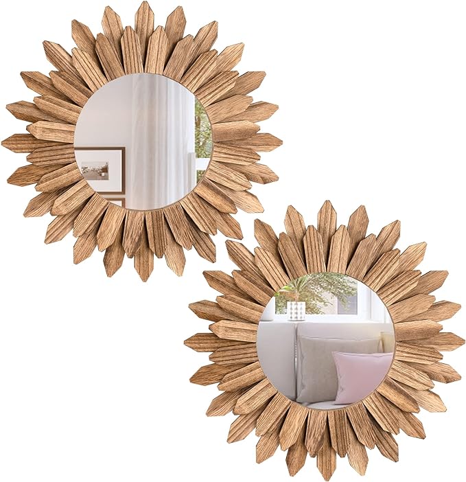 Boho Wall Decor Mirror 2 Pack Rustic Wood Mirror 12 inch Boho Mirror Home Decor Farmhouse Room Decorations for Bedroom Living Room Carbonized Black