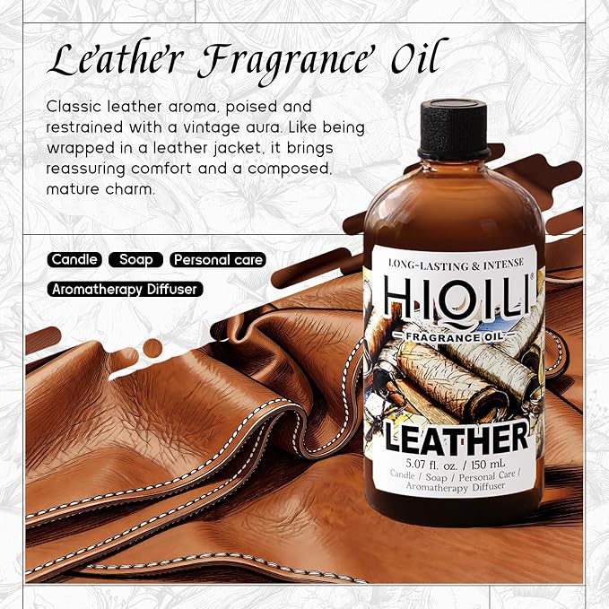HIQILI Leather Oil for Car Diffuser, Men’s Leather Scent - 5.07 Fl Oz | Leather Car Scent Fragrance Oil, Long-Lasting Aroma, Suitable for Candle and Soap Making, Graduated Dropper Included