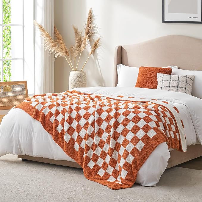 Snuggle Sac Checkered Bedding Blanket Twin Size 60x80, Super Soft, Cozy Warm Knit Blankets, Reversible Breathable Lightweight Fluffy Throws for Travel, Bed, Checkered Burnt Orange, 60x80 Inches