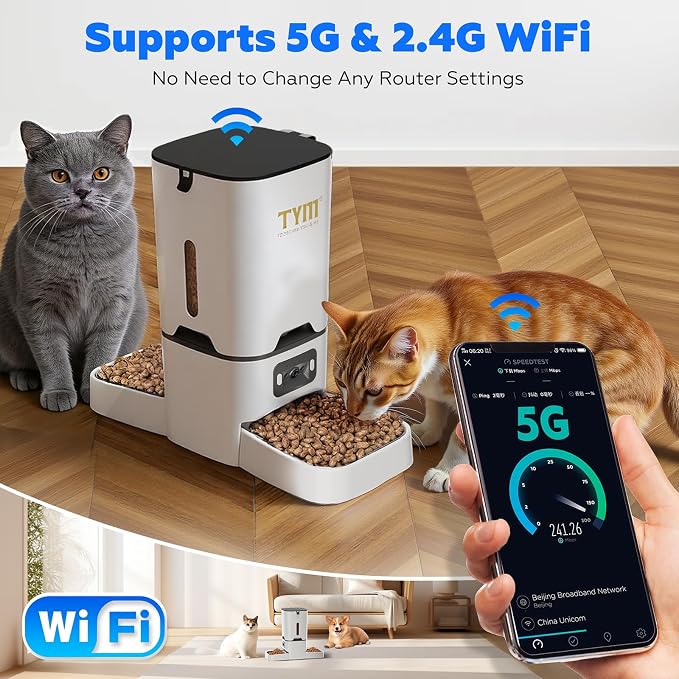 TYM Automatic Cat Feeder with 2 Camera for 2 Cats, 7L Large Food Dispenser | Multiple Cats Household | Timed Cat Feeder | Two-way Voice | Separation Anxiety | Weight / Diet Control | 5G WiFi APP Control