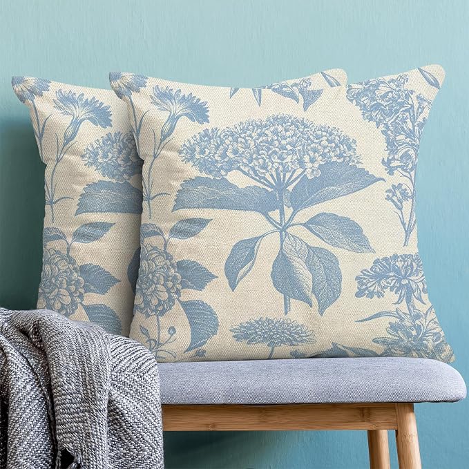 Floral Pillow Covers 18x18 Set of 2 Vintage Baby Blue Hydrangea Herb Botanical Throw Pillow Cover Outdoor Decoration Boho Flower Pillowcase Farmhouse Decorative Linen Cushion Case for Home Sofa