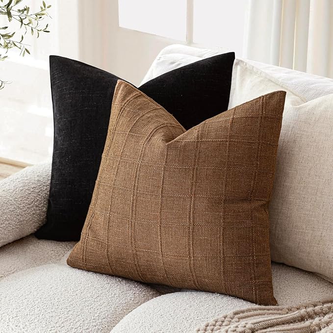 Foindtower Set of 2 Decorative Linen Check Throw Pillow Covers Neutral Farmhouse Vintage Cushion Covers Modern Boho Home Decor for Sofa Chair Couch Bedroom Living Room,26×26 Inch,Brown Hazel