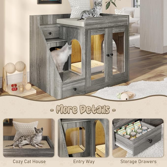 Cat Litter Box Enclosure with Light, Hidden Litter Box Furniture with 2 Storage Drawers & Smart Doors, Cat House Side Table for Living Room Entryway (Grey)