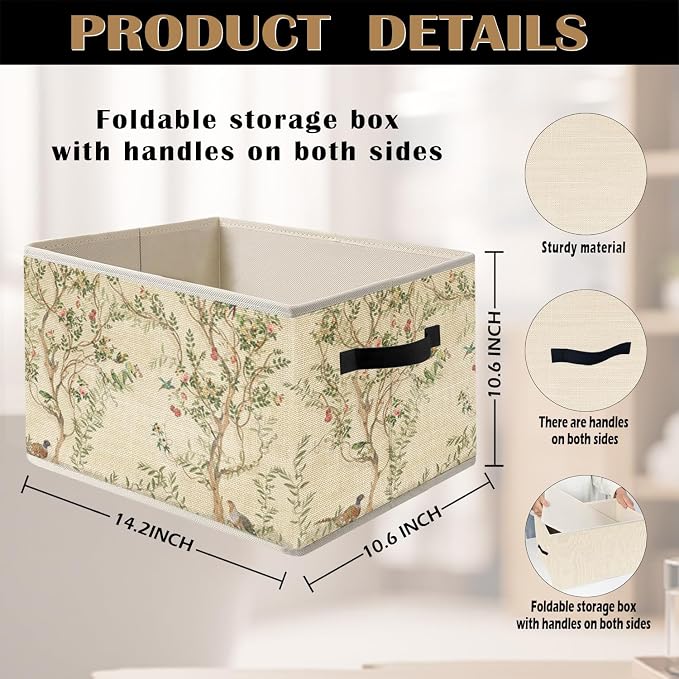 Vintage Beige Chinoiserie Floral Botanical Storage Bin Box with Handles, Cottagecore Aesthetic Foldable Organizer Basket Toybox for Girls Room Bedroom Bathroom Clothes Toys Books, Set of 2